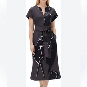 Lafayette 148 Cosimia Portrait Print Short Sleeve Belted Drape Cloth Dress Midi